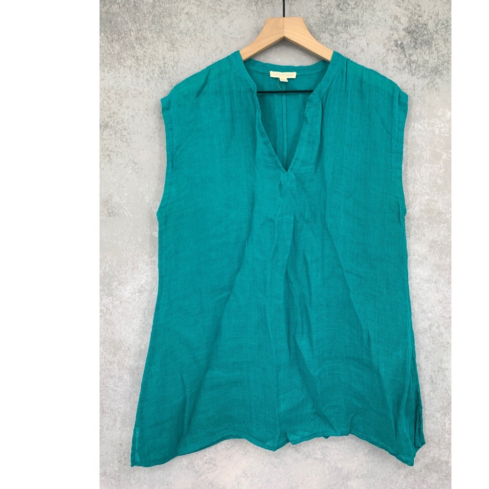 Eileen Fisher Shirt Womens Medium Teal 100% Linen Sleeveless Sustainable Long